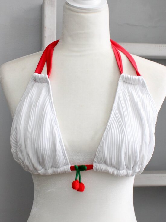 Other - Crochet 3D Red Cherry Color Block White Triangle Bikini Top Size 1XL